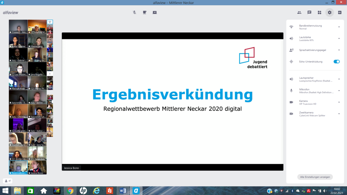 Screenshot der digitalen Veranstaltung "Jugend debattiert"