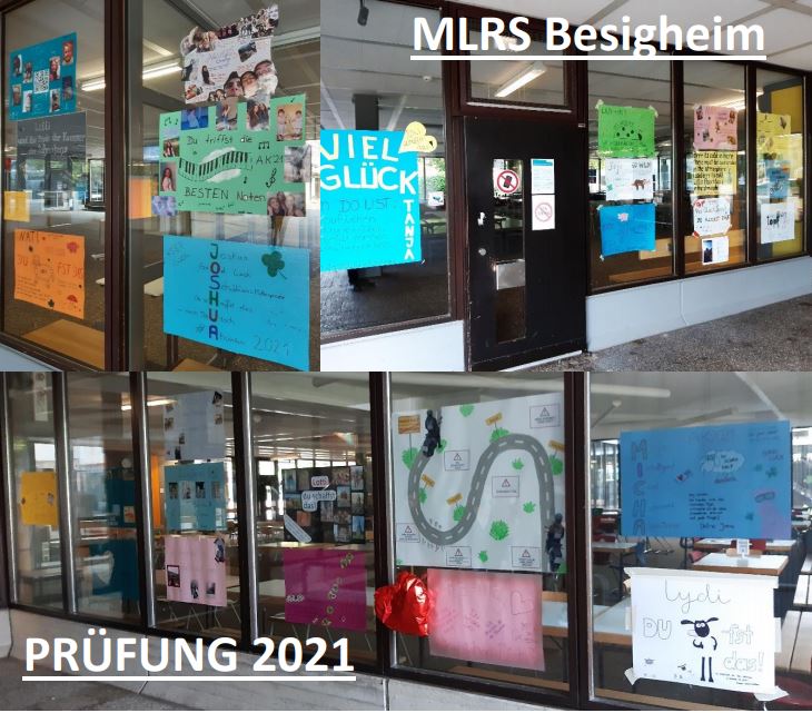 Fenster der MLRS Realschule mit Kunstkollagen voller Glückwünsche